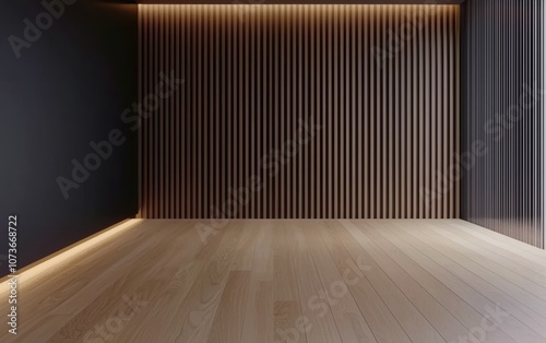 Textured dark brown wall with wooden flooring, warm and minimalistic background for elegant compositions photo