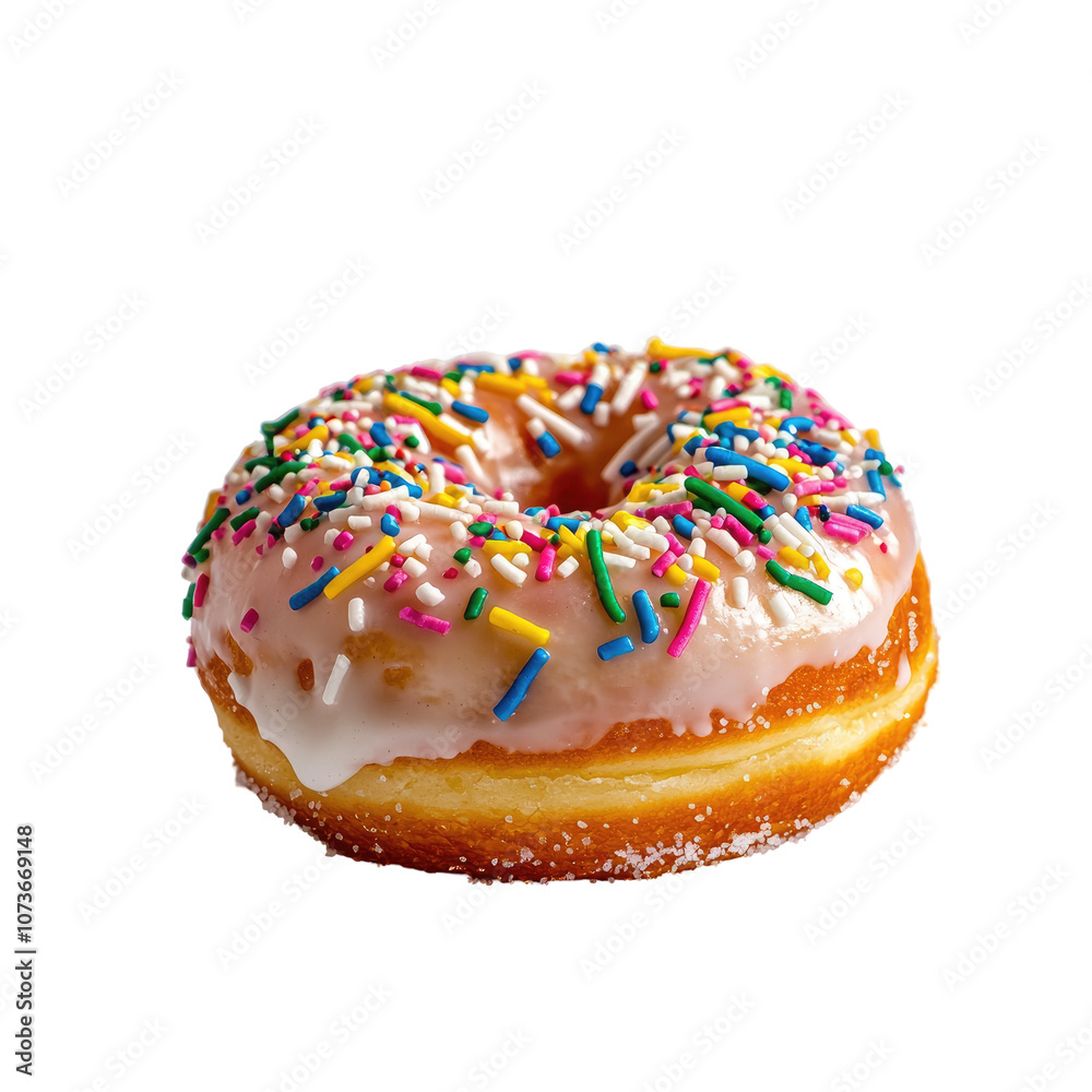 Colorful Sprinkled Donut with Icing on a White Background Perfect for Sweet Treats, Desserts or Bakery Related Projects Colorful Sprinkled Donut with Icing on a White Background Perfect for Sweet Treats, Desserts or Bakery Related Projects