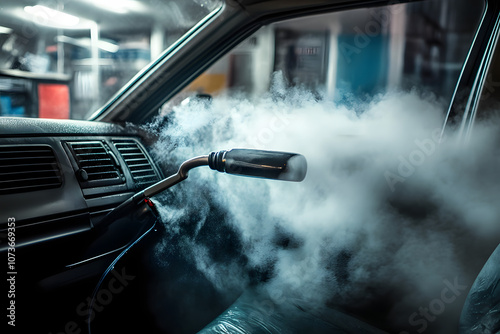 Steam cleaning the interior of a car to remove dirt and allergens at an auto detailing shop in the afternoon photo