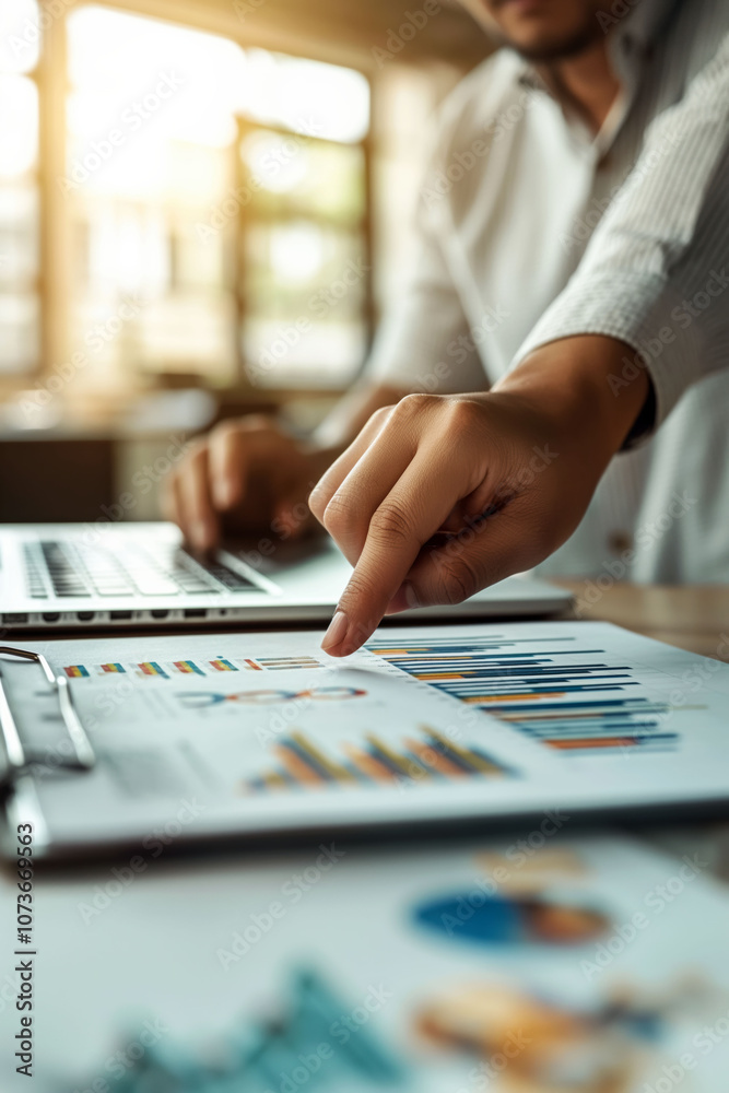 Man analyzing financial data on a laptop screen in a modern office with soft daylight Man analyzing financial data on a laptop screen in a modern office with soft daylight