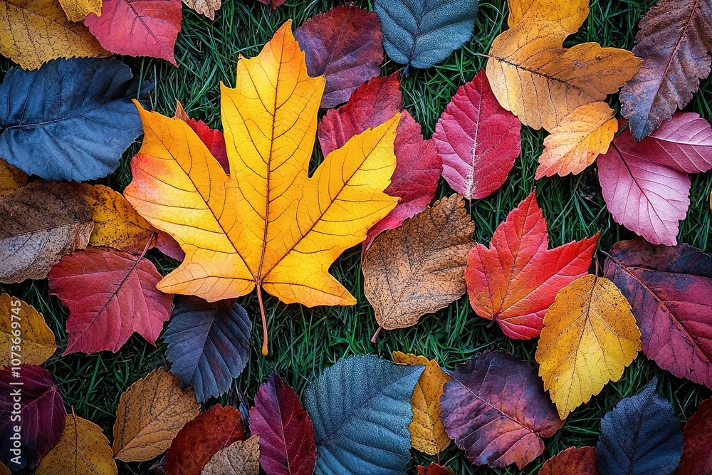 A colorful leaf is on top of a field of leaves A colorful leaf is on top of a field of leaves