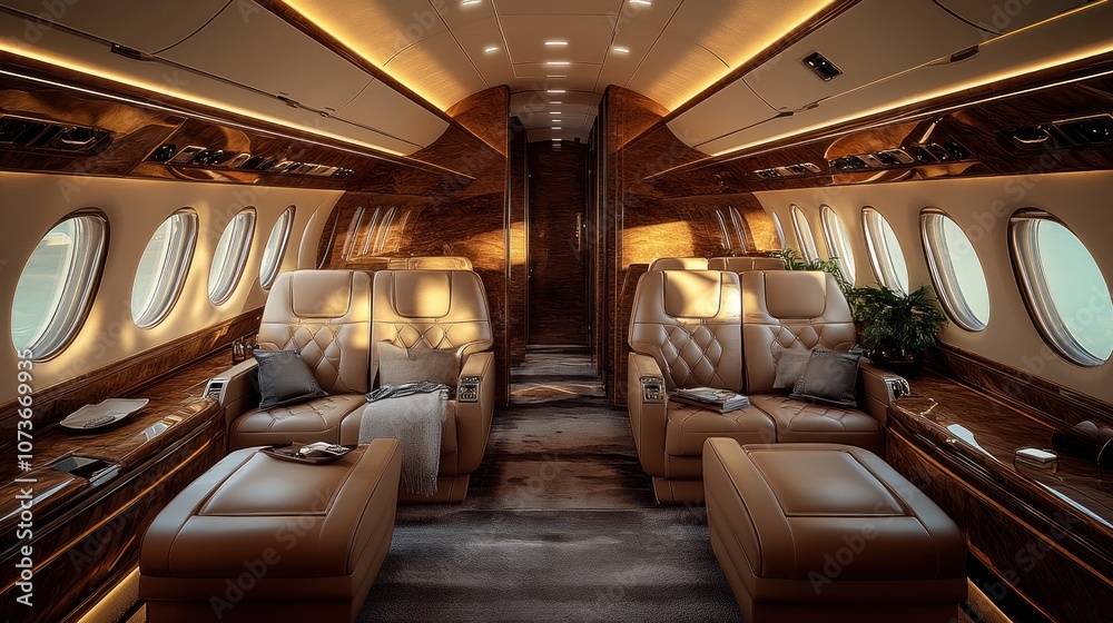 Luxurious interior of a private jet with leather seating.