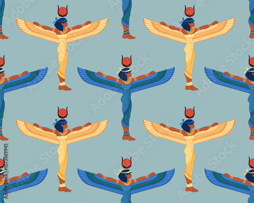 Ancient Egypt. Vintage seamless pattern with Egyptian gods and symbols. Retro hand drawn vector repeating illustration. Ra, Isis, Anubis, Sekhtmet, Cleopatra, pyramid.
