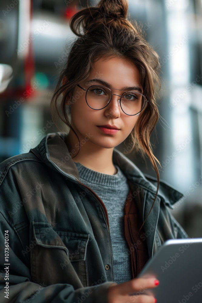 Woman with glasses using a tablet in an industrial setting during soft daylight hours