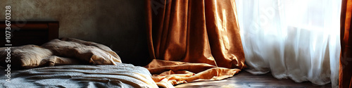 Furniture: A bedroom with closed drapery and overturned furniture, revealing signs of a hasty escape or struggle.