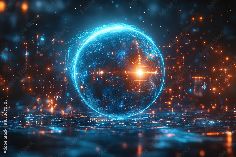 Obraz premium A glowing blue orb hovers over a digital landscape, representing the interconnectedness of technology.