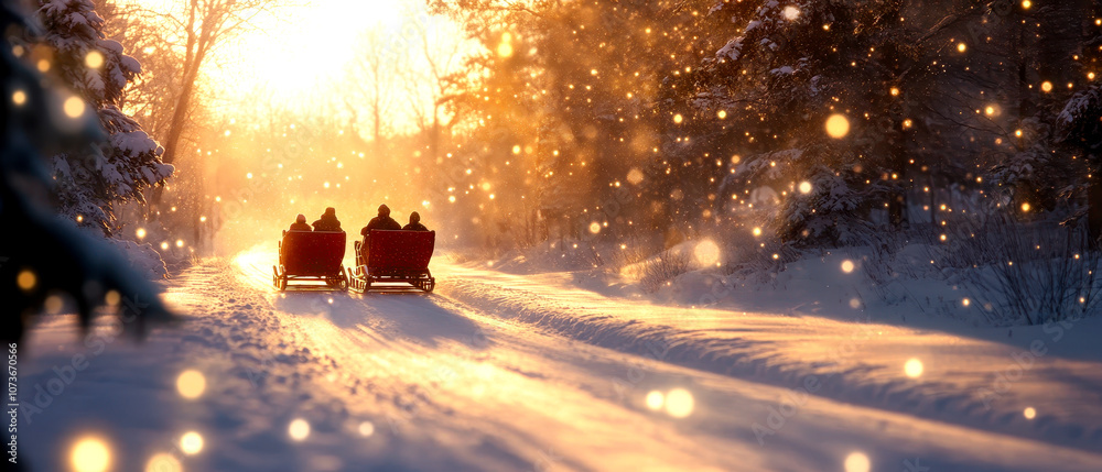 A serene winter scene featuring sledders gliding through a snowy trail illuminated by golden sunlight, creating a magical atmosphere with falling snowflakes. A serene winter scene featuring sledders gliding through a snowy trail illuminated by golden sunlight, creating a magical atmosphere with falling snowflakes.