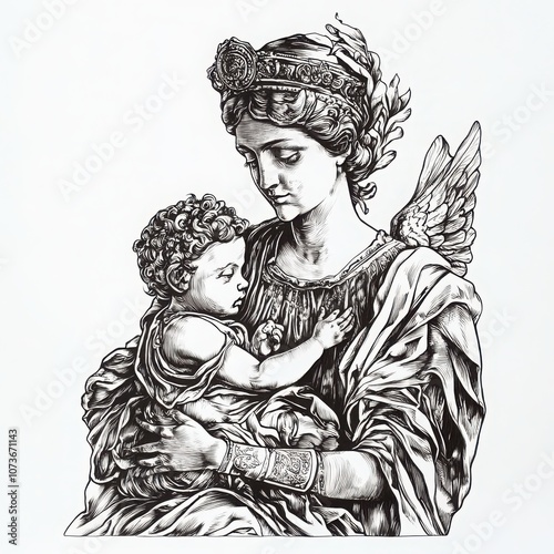 A detailed monochrome lithograph engraving of an ancient Greek goddess and her baby son, with fine line art and a coloring page aesthetic