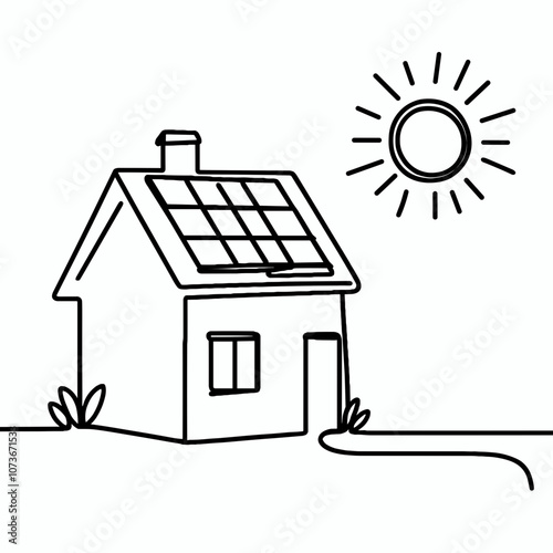 Minimalist line art of an eco-friendly house with solar panels and sun symbolizing sustainability