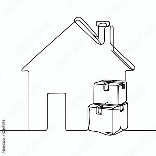 Minimalist line art of a house with stacked boxes representing moving and packing process