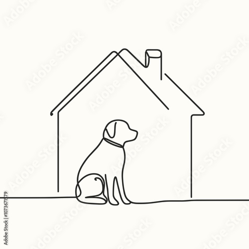 Minimalist line art of a house with a dog representing home and companionship