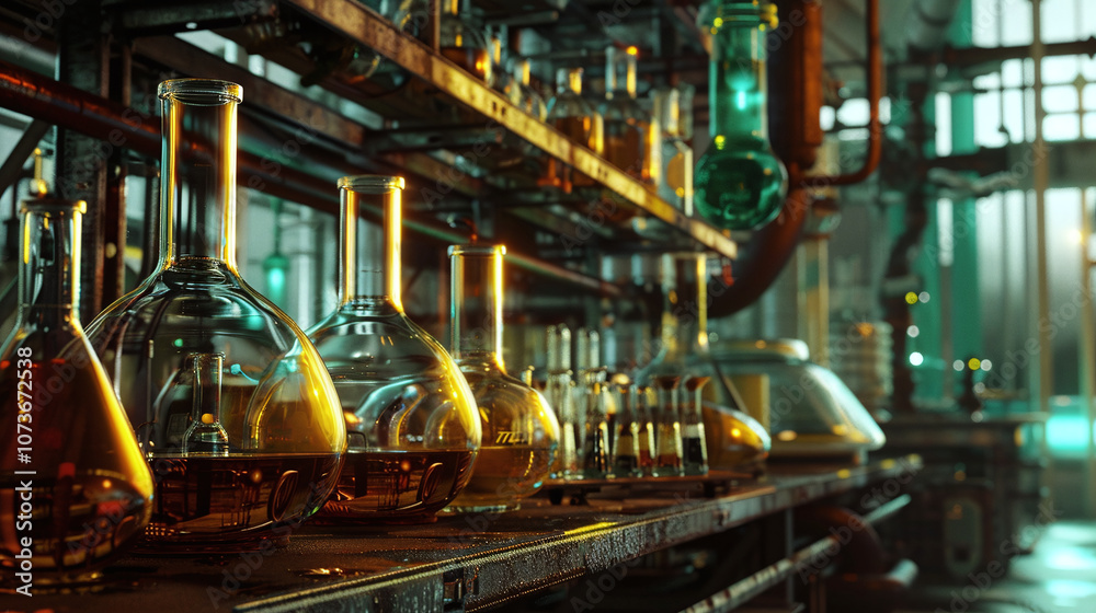 An Illuminated Laboratory Filled With Various Glass Flasks Containing Colorful Liquids During a Scientific Experiment An Illuminated Laboratory Filled With Various Glass Flasks Containing Colorful Liquids During a Scientific Experiment