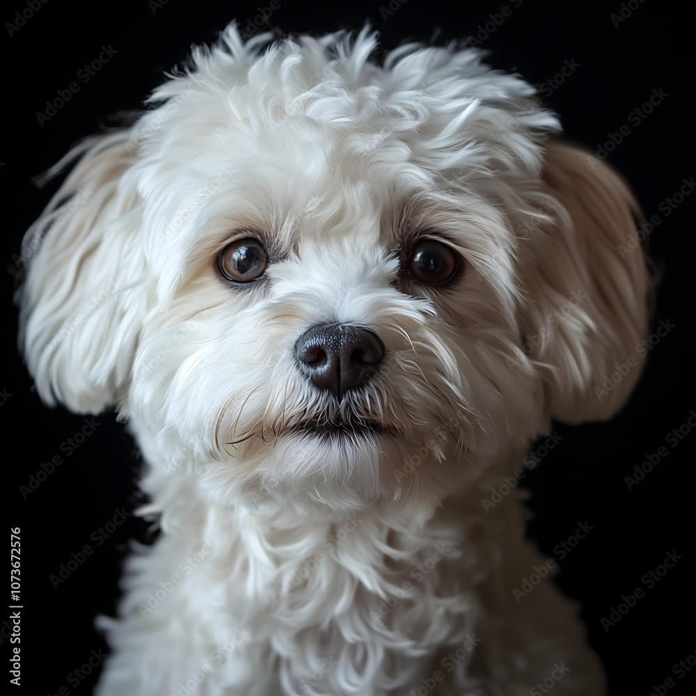 A close-up portrait of a bichon frize dog showcasing its fluffy white coat and expressive eyes against a dark background A close-up portrait of a bichon frize dog showcasing its fluffy white coat and expressive eyes against a dark background