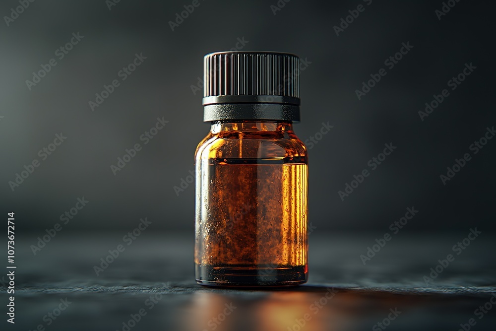 A small amber bottle with a black lid sits on a dark surface. A small amber bottle with a black lid sits on a dark surface.
