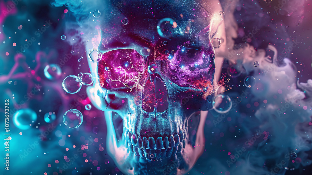 A Vivid, Surreal Depiction of a Glowing Skull Surrounded by Colorful Smoke and Bubbles, Illustrating the Fusion of Death and Vibrant Artistry in a Dynamic Composition A Vivid, Surreal Depiction of a Glowing Skull Surrounded by Colorful Smoke and Bubbles, Illustrating the Fusion of Death and Vibrant Artistry in a Dynamic Composition