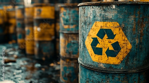 Hazardous waste materials marked with a recycle sign, symbolizing the challenges of a failed waste management system and its impact on environmental pollution.