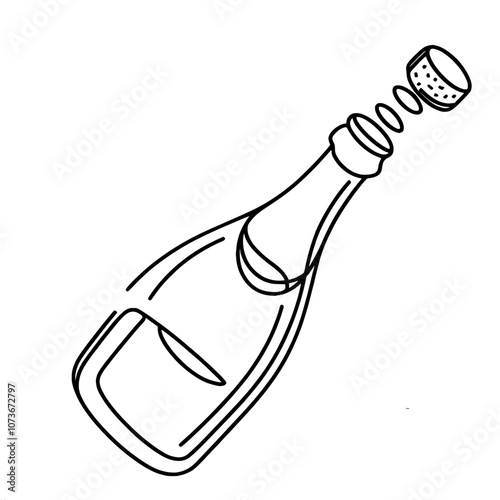 Champagne bottle popping with cork in motion - minimalist line art on beige background