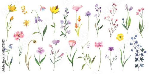 Wallpaper Mural A collection of watercolor illustrations of various wildflowers, including pink, yellow, and blue blossoms. Torontodigital.ca