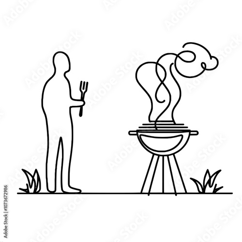 Minimalist line drawing of person grilling outdoors with rising smoke