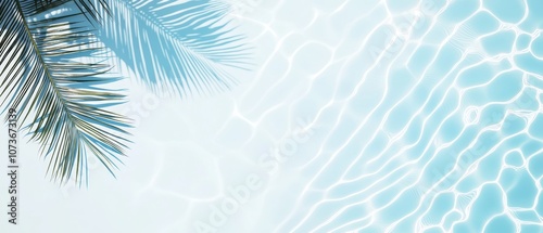 Abstract rippling pool water with soft palm leaf shadow, vibrant and calming summer-themed background