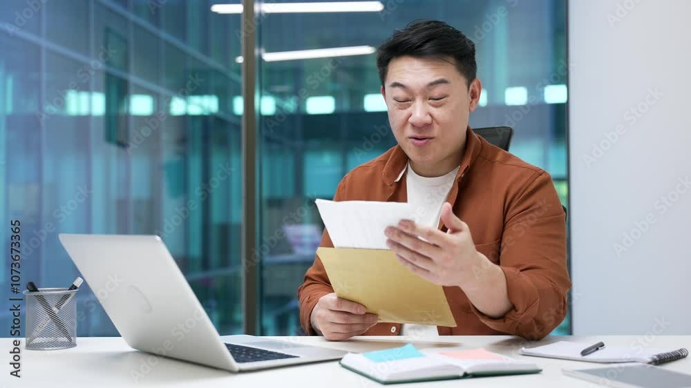 Excited joyful asian businessman reading letter with great news sitting at a desk at workplace in business office. Male entrepreneur is celebrating success, happy to receive positive good notification Excited joyful asian businessman reading letter with great news sitting at a desk at workplace in business office. Male entrepreneur is celebrating success, happy to receive positive good notification