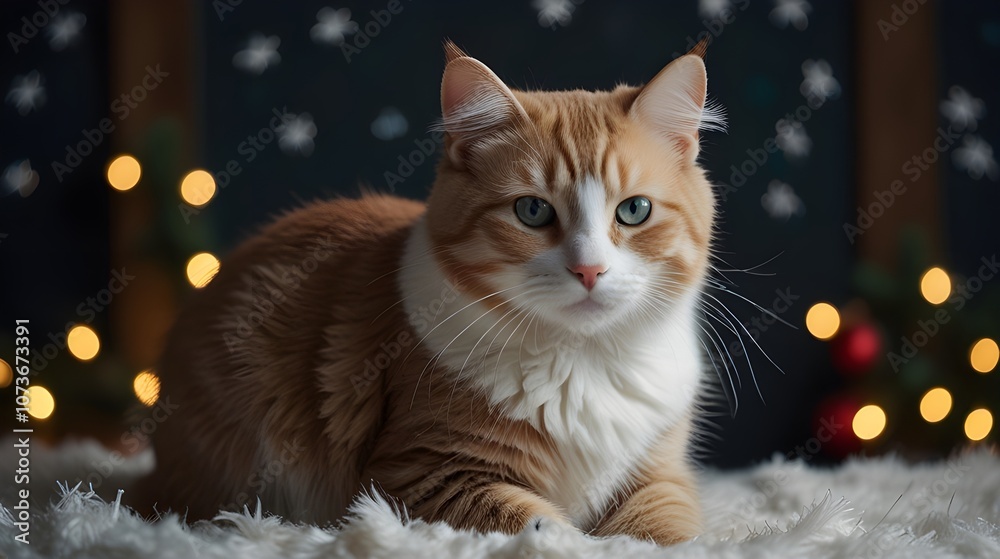 Festive Christmas Cat in Santa Hat with Ornaments and Twinkling Background, Adorable kitten's first Christmas, captured in a moment of pure joy!