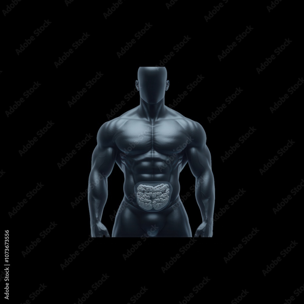 Fototapeta premium A stylized human figure with a muscular build, showcasing a transparent midsection that reveals internal organs, set against a dark background.