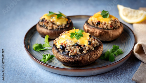  Portobello mushrooms filled with quinoa and black beans are topped with a layer of melt_1(623) photo