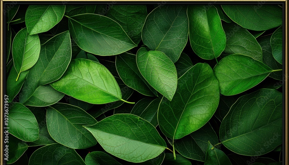 Obraz premium Layered green foliage with a sleek gold frame, deep dark background for an elegant and organic design theme