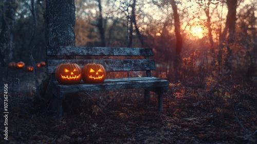 A Spooky Forest Sunset with a Haunted Evil Glowing Eyes of Jack-O'-Lantern

 photo