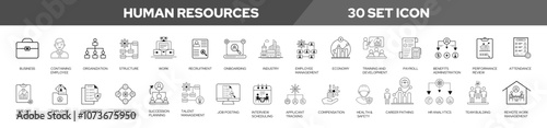 Human resources  related set icon collection set, web vector recourses illustration, Containing employee, work, organization structure, business, industry, Management, Recruitment, On
