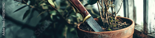 Hidden Knife in the Flower Pot - A knife, partially concealed by a potted plant, on a dimly lit porch.