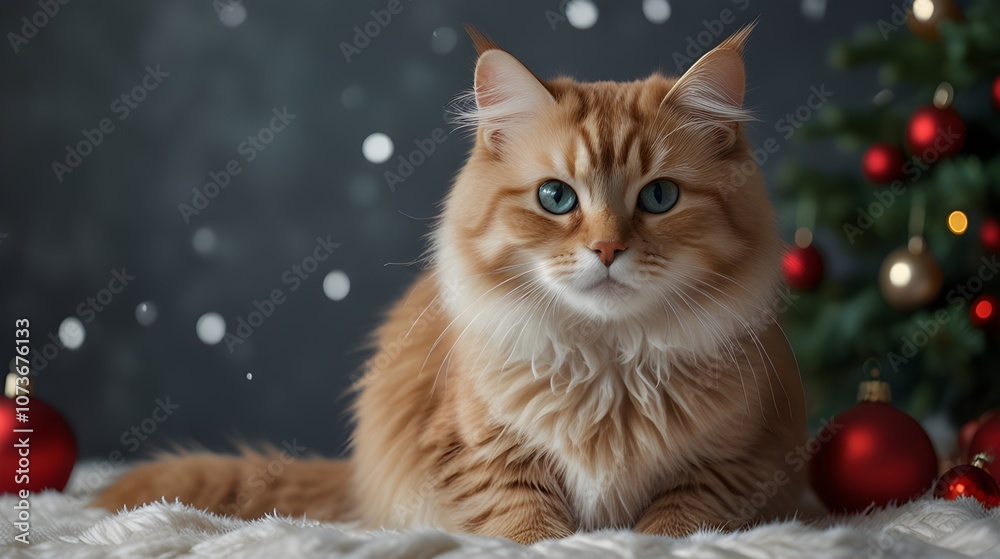 Sweet Ginger Cat in Santa Hat by Christmas Tree with Twinkling Holiday Decor, Photo of cute, beautiful, fluffy cat near the Christmas tree, happy new year and merry christmas, gifts, festive mood Sweet Ginger Cat in Santa Hat by Christmas Tree with Twinkling Holiday Decor, Photo of cute, beautiful, fluffy cat near the Christmas tree, happy new year and merry christmas, gifts, festive mood