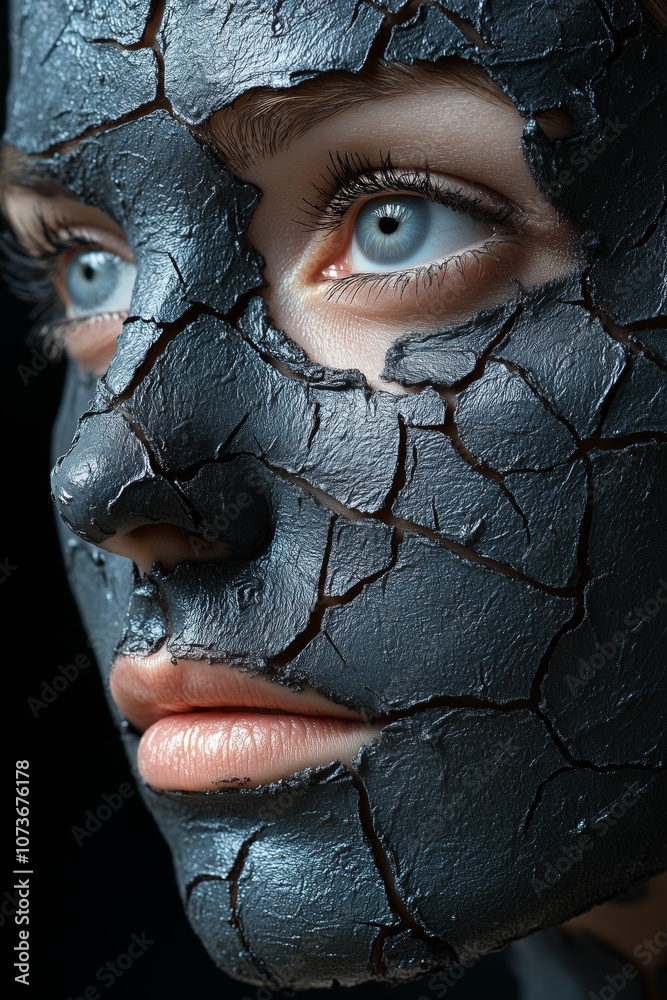 Artistic close-up of a woman's face with intricate cracked black paint, highlighting blue eyes and natural lips. Artistic close-up of a woman's face with intricate cracked black paint, highlighting blue eyes and natural lips.