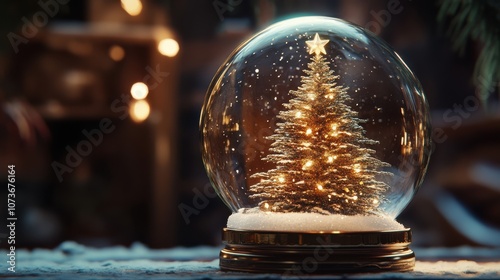 A snow globe with a miniature Christmas tree inside, lit up with warm white lights.