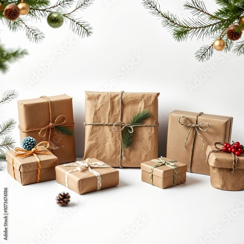 Isolated eco friendly packaging gifts in kraft paper on a white background eco decor gift boxes wrapped frame christmas isolated photo