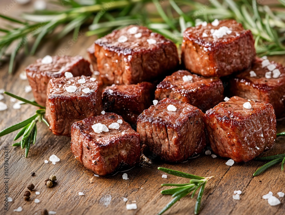 Rosemary & Salt Fried Beef Fillet Cubes on Wooden Table Rosemary & Salt Fried Beef Fillet Cubes on Wooden Table