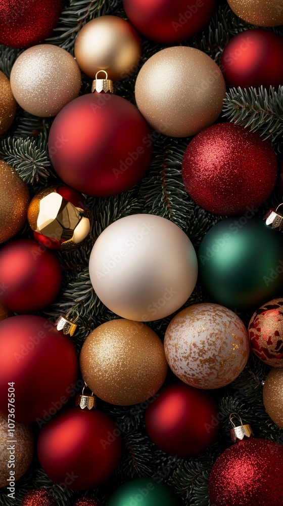 A vibrant collection of red, gold, and green Christmas baubles nestled among evergreen branches, creating a festive holiday atmosphere. A vibrant collection of red, gold, and green Christmas baubles nestled among evergreen branches, creating a festive holiday atmosphere.