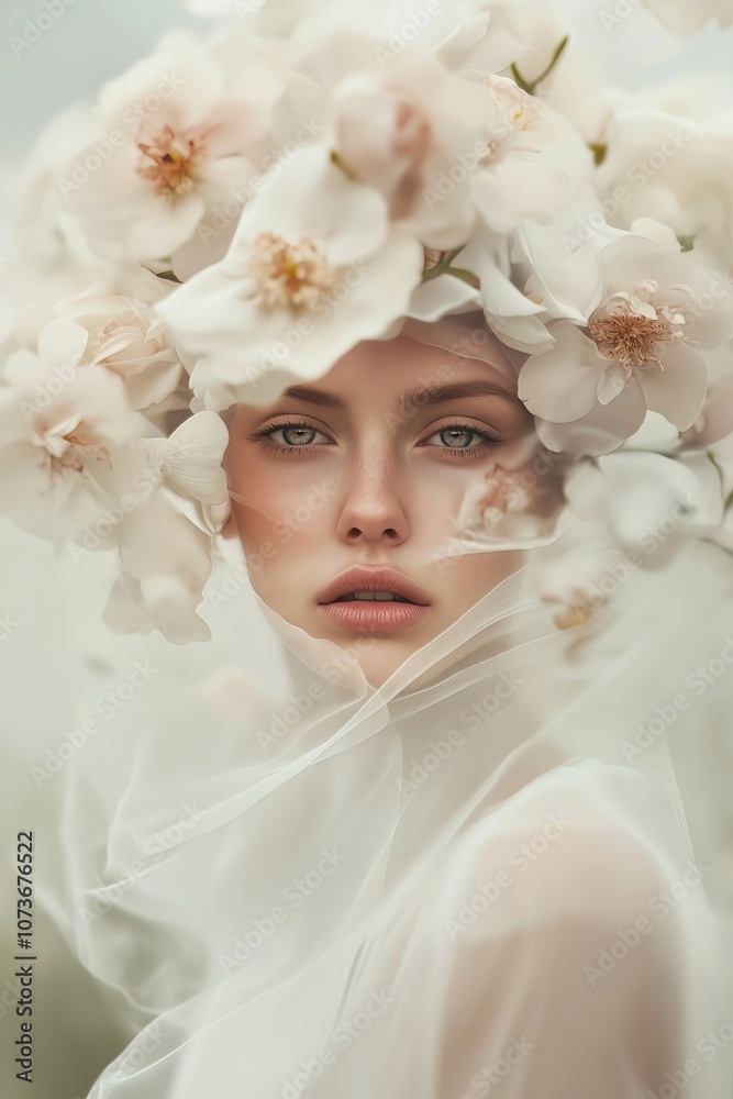 A serene woman with delicate flowers adorning her head, wrapped in soft fabric, exuding grace and beauty. A serene woman with delicate flowers adorning her head, wrapped in soft fabric, exuding grace and beauty.