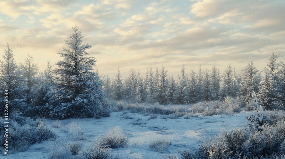 A snowy forest scene with tall pine trees and a soft, warm light emanating from behind the clouds. A snowy forest scene with tall pine trees and a soft, warm light emanating from behind the clouds.