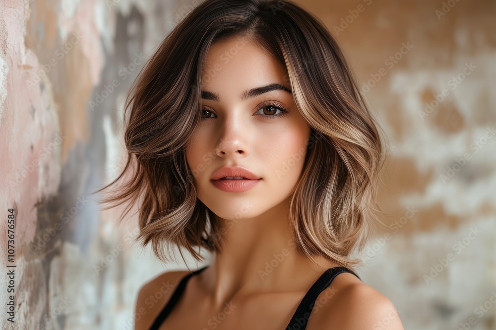 Elegant young woman with short hair poses confidently against a textured wall background, exuding modern beauty and sophistication. Elegant young woman with short hair poses confidently against a textured wall background, exuding modern beauty and sophistication.
