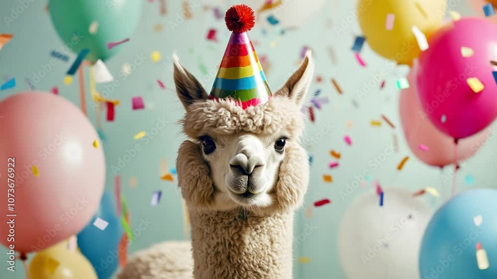 An adorable alpaca wears a party hat surrounded by colorful balloons and confetti, creating a joyful birthday atmosphere