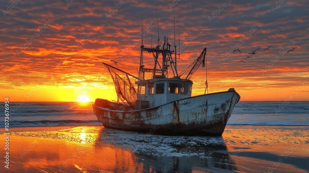 A weathered fishing boat rests on the beach at sunset, with birds flying overhead. A weathered fishing boat rests on the beach at sunset, with birds flying overhead.