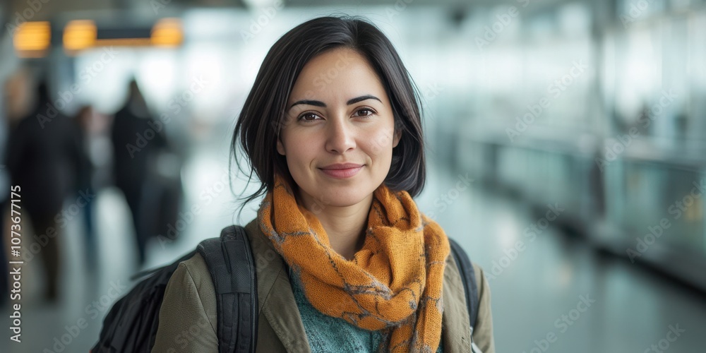 Smiling Woman at Airport Terminal with Scarf and Backpack Smiling Woman at Airport Terminal with Scarf and Backpack
