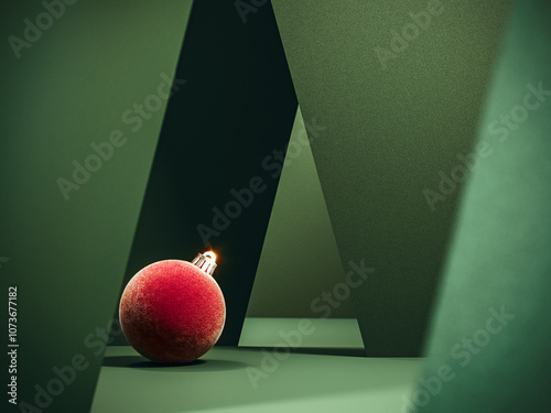 Red Christmas ball on green abstract background. Modern Christmas greeting card design. 3D Rendering, 3D Illustration