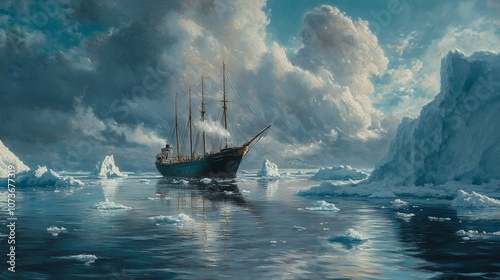 A steamship sails through an icy landscape with towering icebergs and a dramatic sky. photo