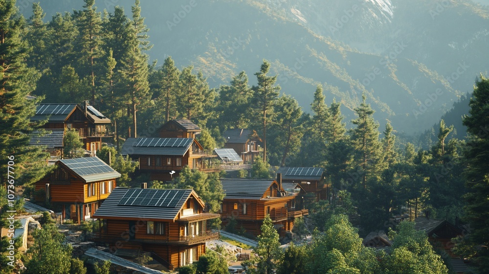 Sustainable wooden cabins nestled amongst lush green trees on a mountainside with solar panels on the roofs, bathed in morning sunlight. Sustainable wooden cabins nestled amongst lush green trees on a mountainside with solar panels on the roofs, bathed in morning sunlight.