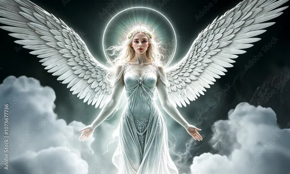 An angelic feminine figure with angel wings standing in a cloudy sky with a halo of light around her head and body