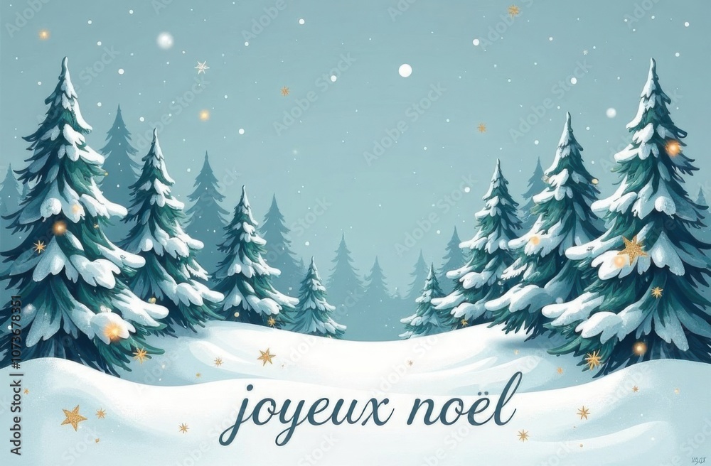 Fototapeta premium Snowy winter landscape with evergreen trees covered in snow and softly glowing stars. The phrase 