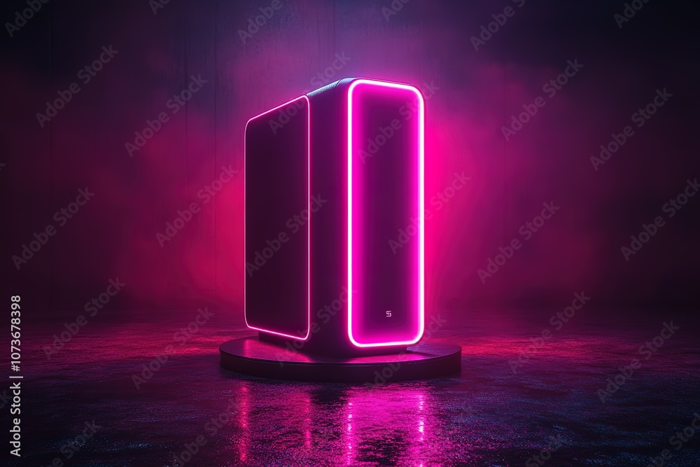 A sleek black computer tower with neon pink lighting in a dark studio setting. A sleek black computer tower with neon pink lighting in a dark studio setting.